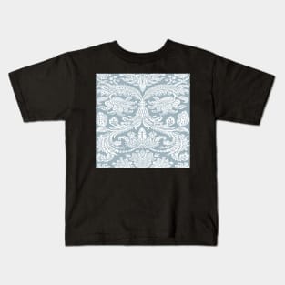 White on Dusty Blue Medieval Damask Scrolls Kids T-Shirt